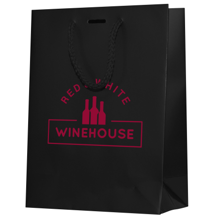 A black coloured paper bag available with a customised logo or image printed on the side at Helloprint.