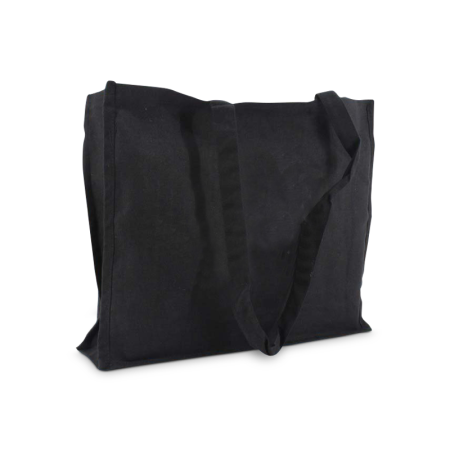 A product image of a black coloured premium canvas bag available to be printed with a personalised logo on the side at Helloprint