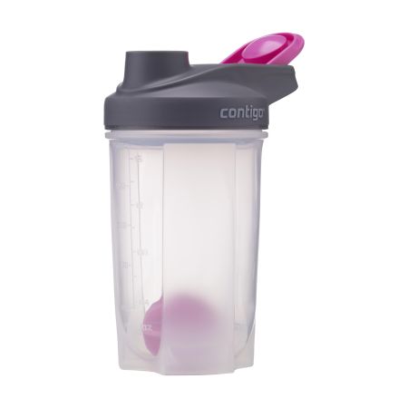 A pink and grey coloured Contigo Shake & Go shaker bottle available with custom printing options for a cheap at Helloprint