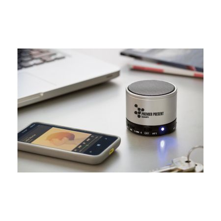 Mini bluetooth speaker to play music. Speaker can be personalised at Helloprint with your own logo or design.