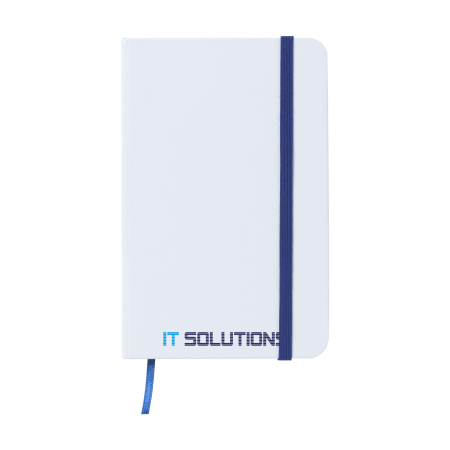 A white notebook with a blue strap available at Helloprint with customised printing solutions for a cheap price