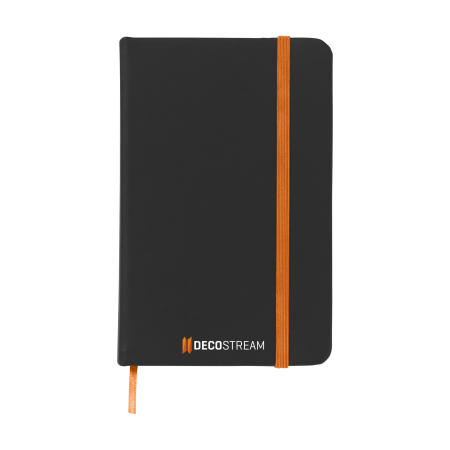 A black notebook with an orange strap available at Helloprint with custom printing options for a cheap price