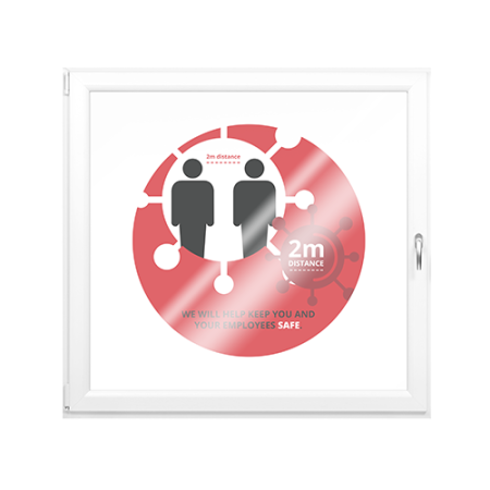 Red anti COVID-19 window stickers from Helloprint that says 