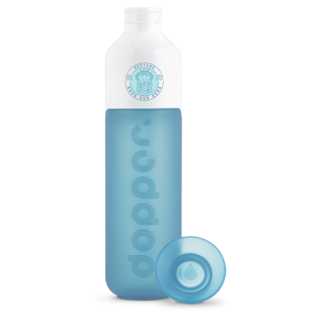 A blue Dopper water bottle available to be printed with a personalised logo and text at Helloprint.