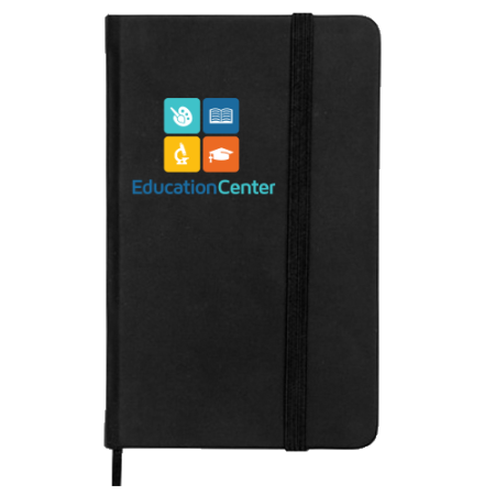 A black note pad available to be printed with a custom logo or image on the cover for a cheap price at Helloprint