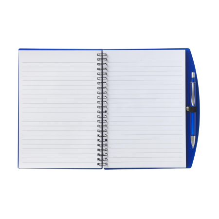 A blue opened notebook available at Helloprint with multiple printing options for cheap prices
