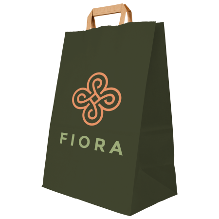 A product image of a green coloured Fiora paper bag  available to be printed with a custom logo or image printed on the side at Helloprint