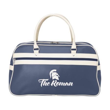 A blue coloured Retro Sport travel bag available to be printed with a custom logo and text at Helloprint.
