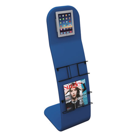 A blue table stand available at Helloprint with multiple customisation options for cheap prices
