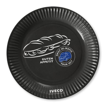 A black round printed paper plate available at Helloprint with customised printing options for a cheap price.