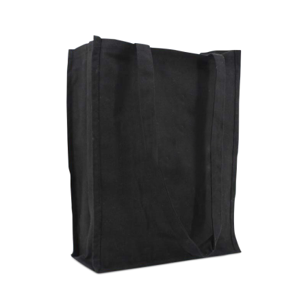 A product image of a black premium canvas bag available at Helloprint with a personalised logo or image printed on the side
