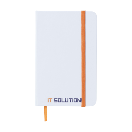 A white notebook with orange strap available at Helloprint with customised printing options for a cheap price