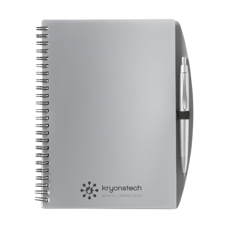 Cheap silver grey A5 notebook with pen from Helloprint. Learn more about our printed notebook products and order online.