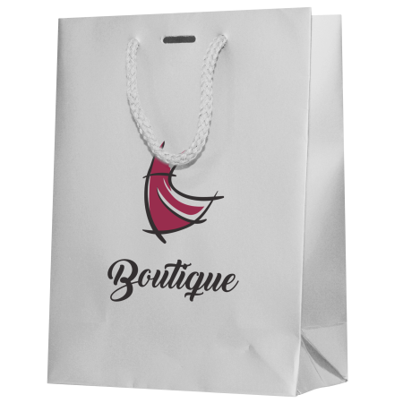 A white coloured luxury paper bag with an example printed on the front, available with cheap printing solutions at Helloprint
