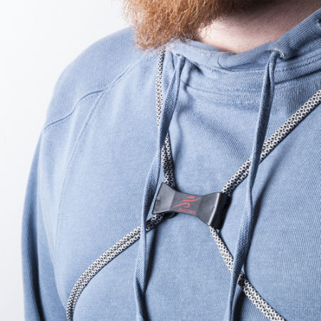 The strings of a drawstring bag showcased on the chest of a person wearing it, available in full colour printing at Helloprint