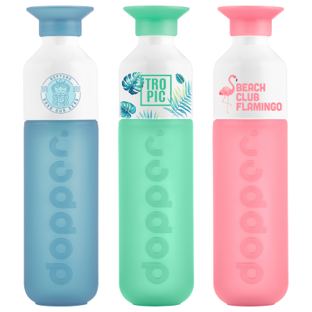 Three different coloured Dopper water bottles available with personalised printing options for a cheap price at Helloprint